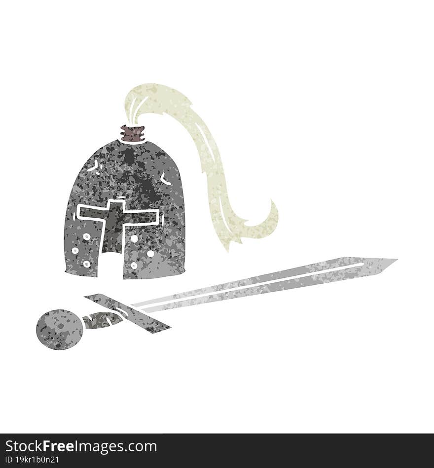 retro cartoon doodle of a medieval helmet and sword