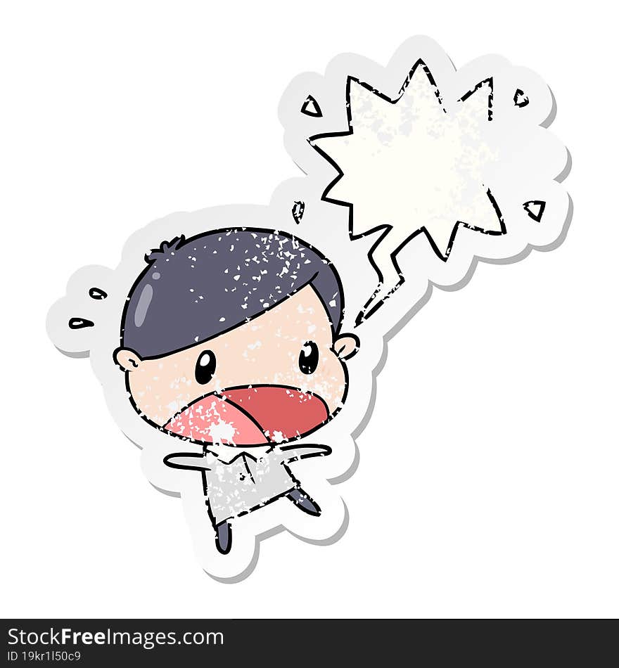 cute cartoon shocked man with speech bubble distressed distressed old sticker. cute cartoon shocked man with speech bubble distressed distressed old sticker