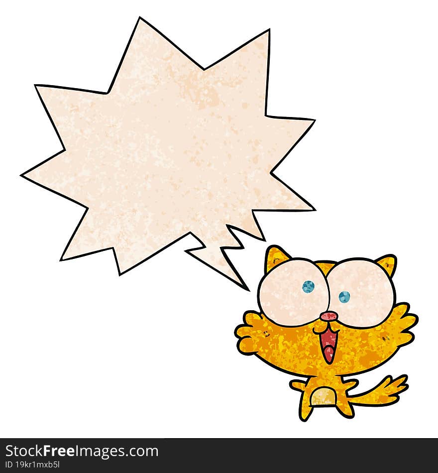 cute cartoon crazy cat with speech bubble in retro texture style