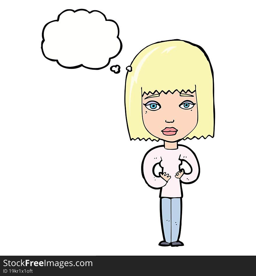 cartoon woman indicating self with thought bubble