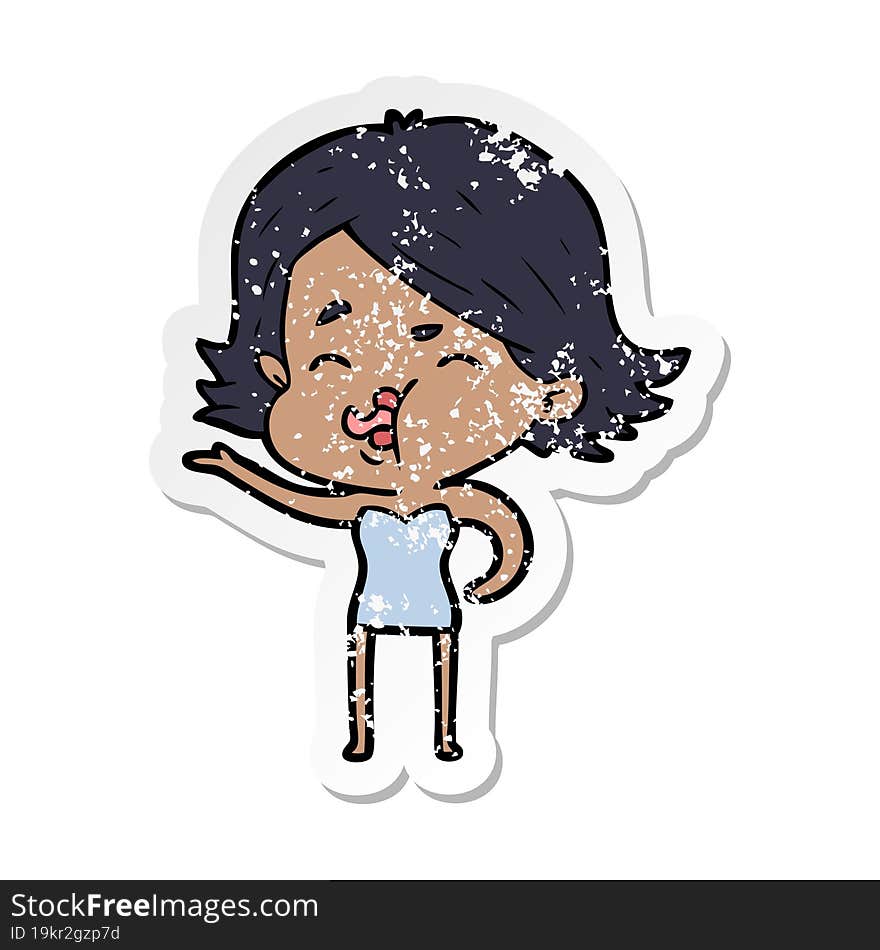 distressed sticker of a cartoon girl pulling face