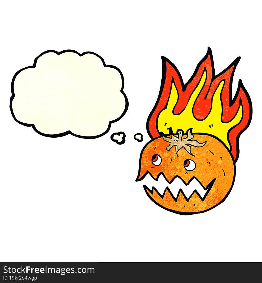 cartoon flaming pumpkin with thought bubble