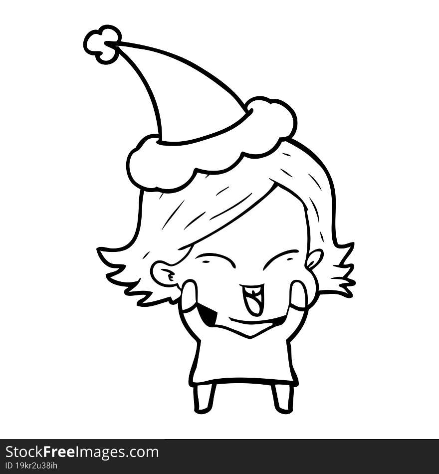 happy line drawing of a girl wearing santa hat