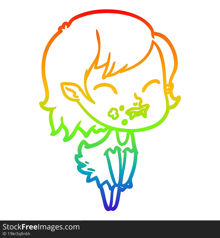 rainbow gradient line drawing cartoon vampire girl with blood on cheek