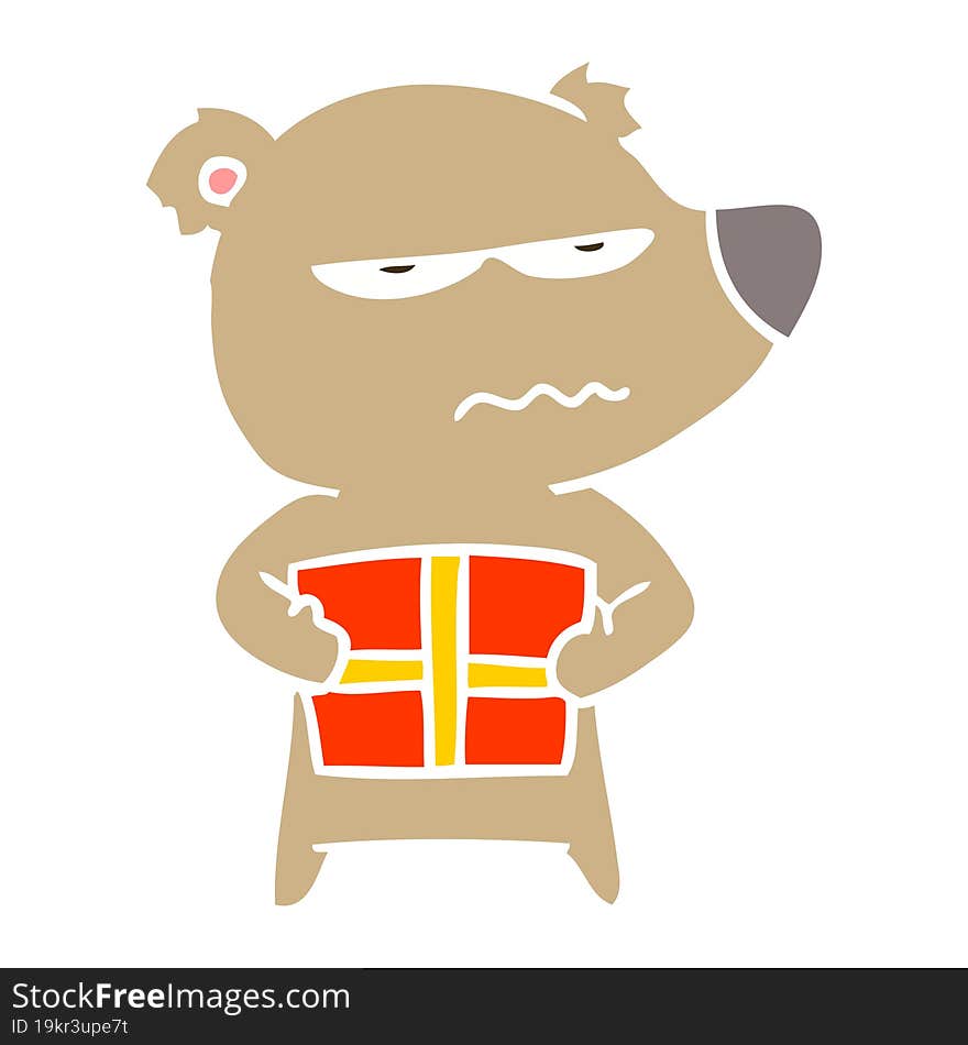 angry bear flat color style cartoon holding present