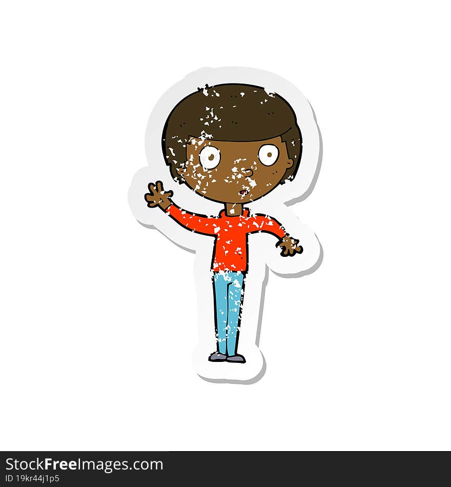 Retro Distressed Sticker Of A Cartoon Waving Boy