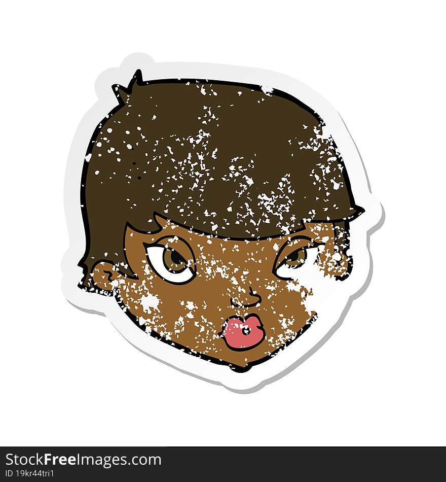 retro distressed sticker of a cartoon unimpressed woman