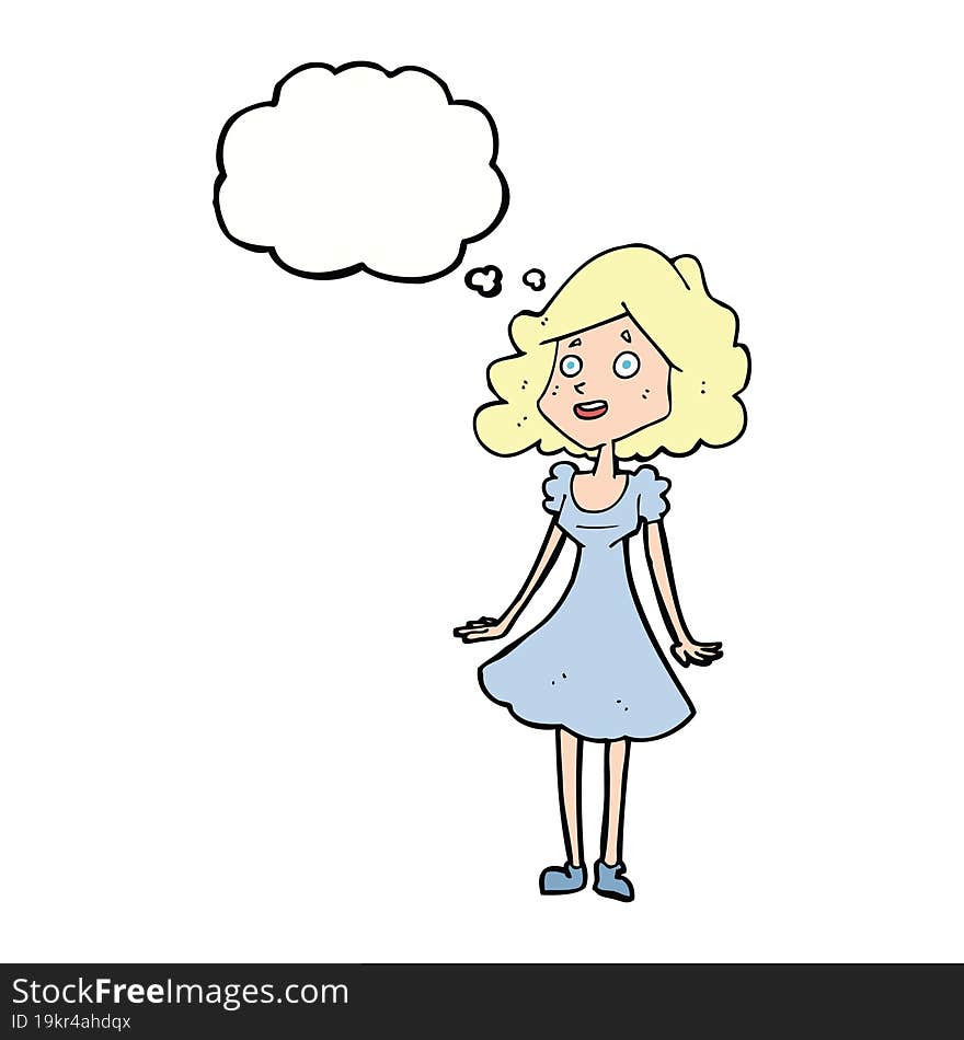 cartoon happy woman in dress with thought bubble