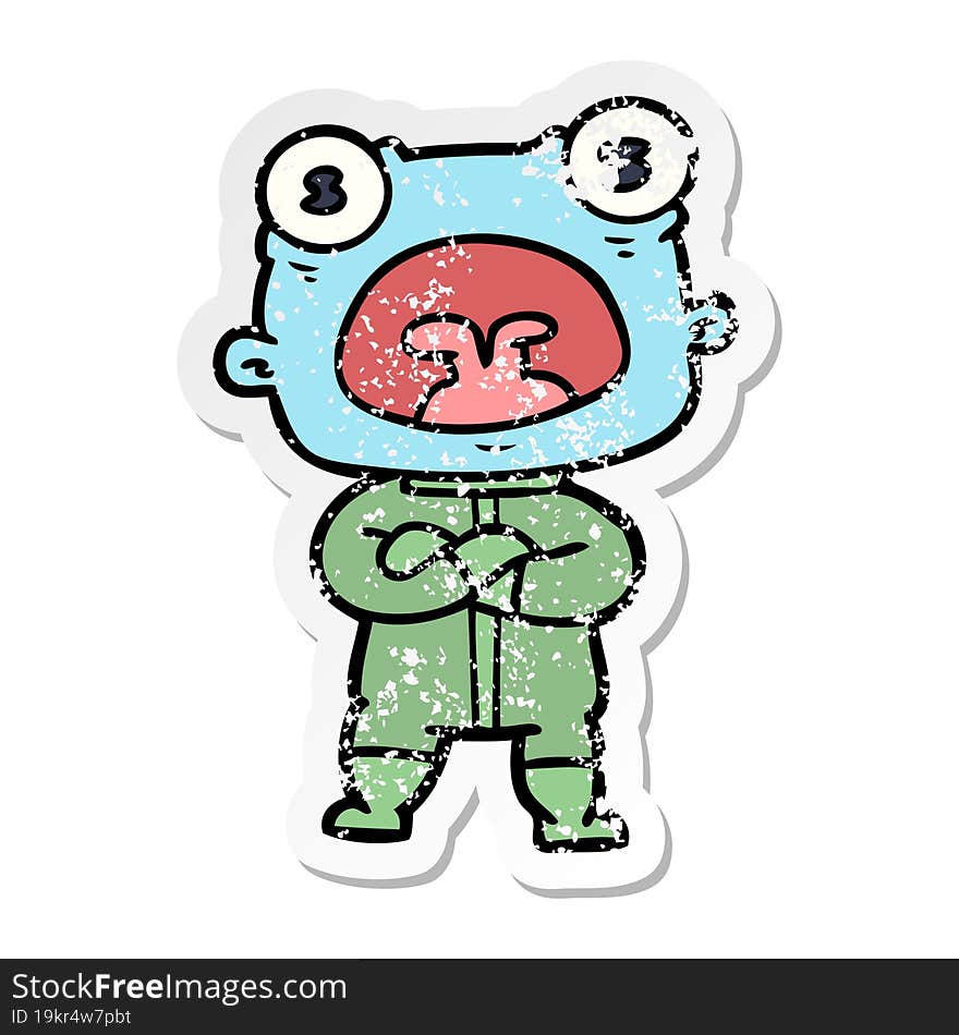 Distressed Sticker Of A Cartoon Weird Alien Communicating