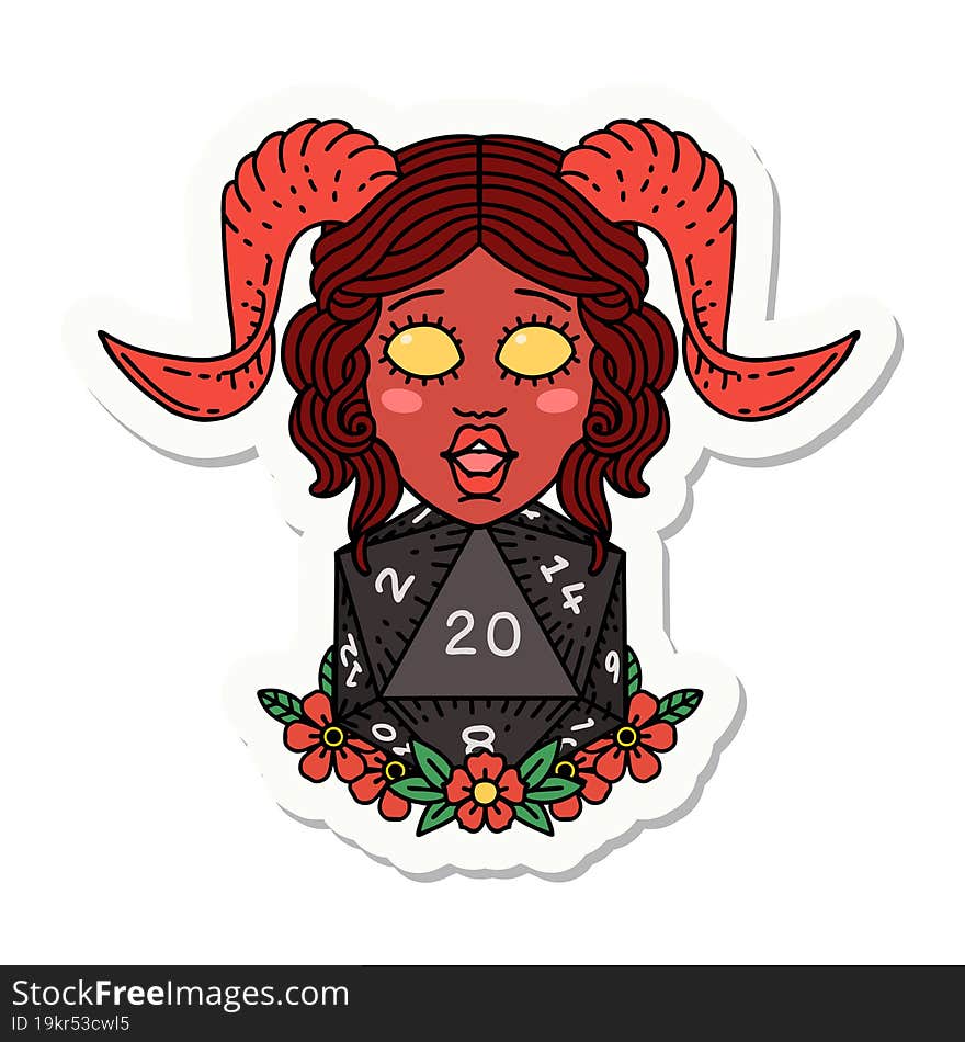 sticker of a tiefling with natural twenty dice roll. sticker of a tiefling with natural twenty dice roll