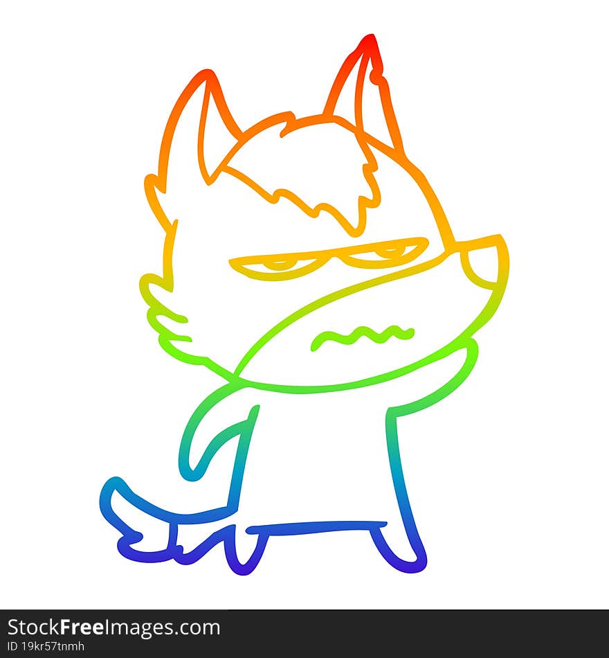 Rainbow Gradient Line Drawing Cartoon Annoyed Wolf