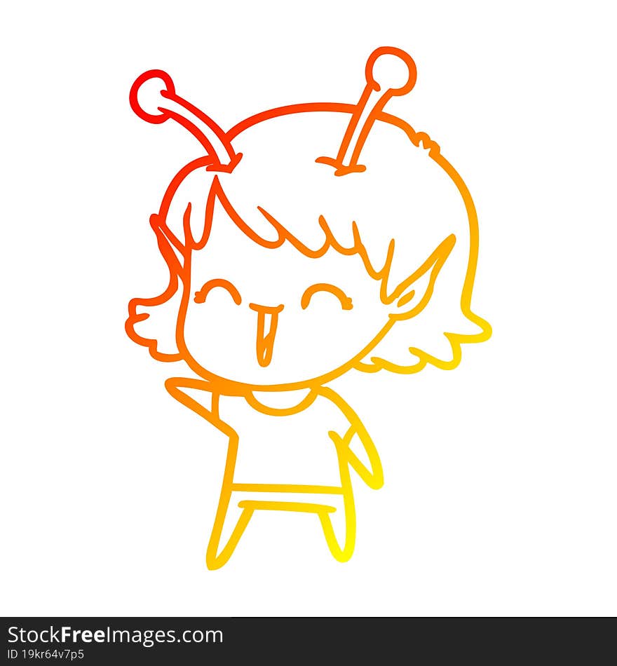 warm gradient line drawing of a cartoon alien girl laughing