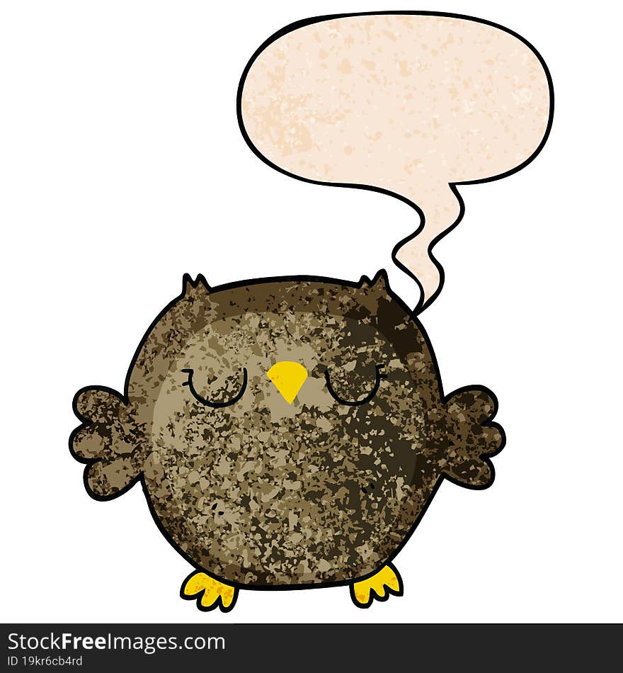 cartoon owl and speech bubble in retro texture style