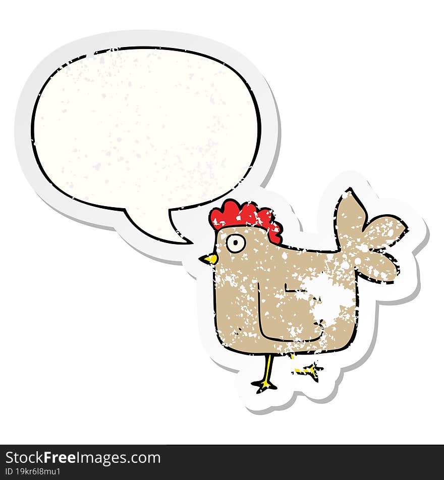 cartoon chicken and speech bubble distressed sticker