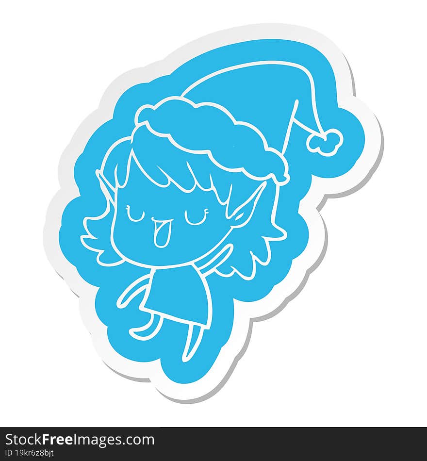 cartoon  sticker of a elf girl wearing santa hat