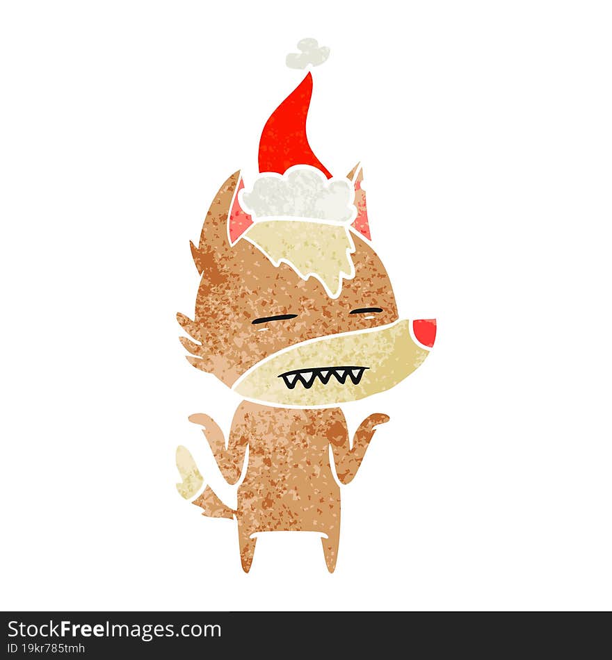 hand drawn retro cartoon of a wolf showing teeth wearing santa hat