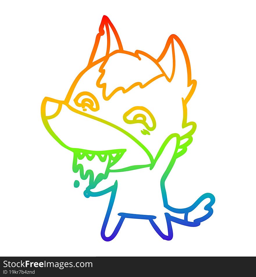 rainbow gradient line drawing of a cartoon hungry wolf