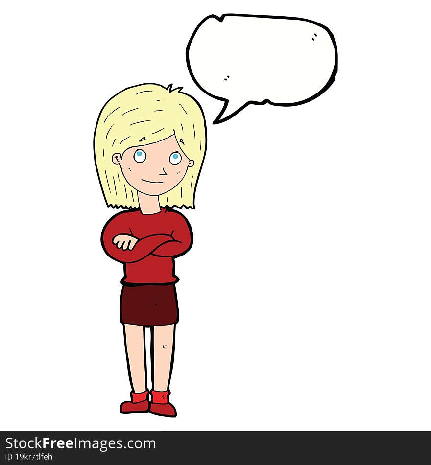 cartoon friendly girl rolling eyes with speech bubble