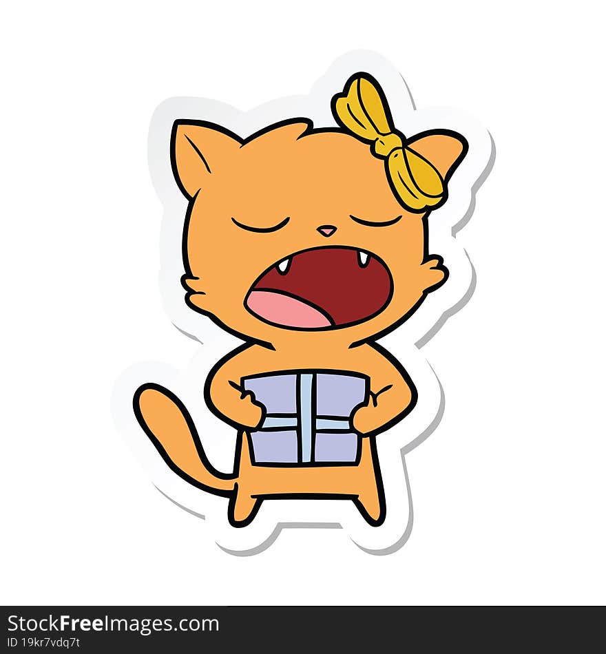 Sticker Of A Cartoon Cat With Christmas Present