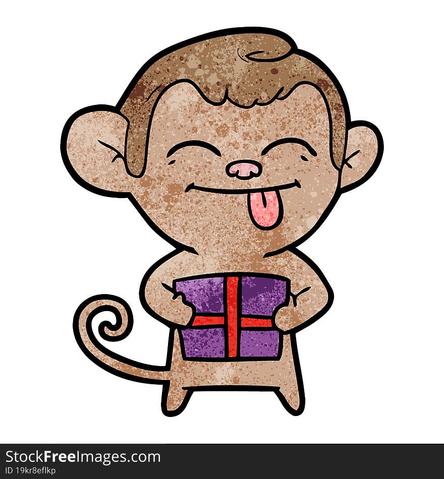 funny cartoon monkey with christmas present. funny cartoon monkey with christmas present