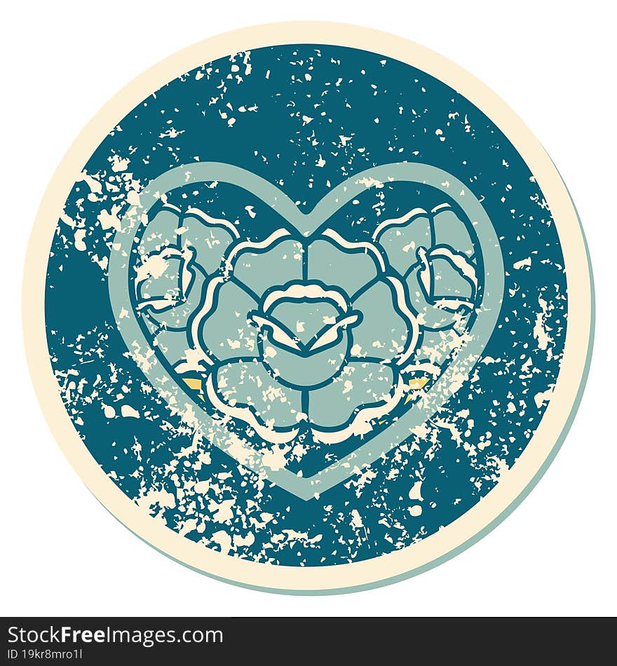 iconic distressed sticker tattoo style image of a heart and flowers. iconic distressed sticker tattoo style image of a heart and flowers