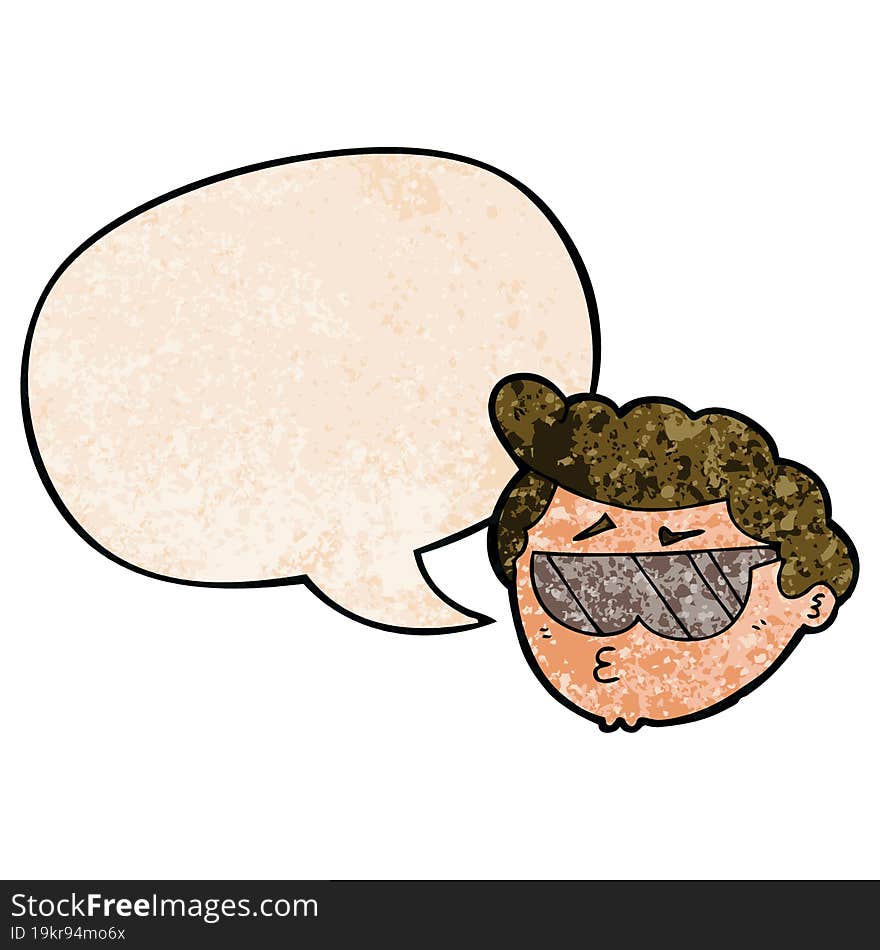 cartoon boy wearing sunglasses with speech bubble in retro texture style