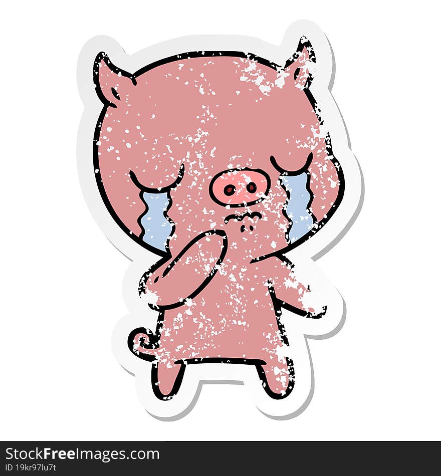 distressed sticker of a cartoon pig crying