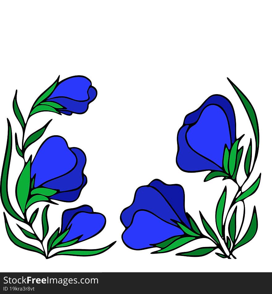 floral frame of large blue flower buds on a white background, border, postcard, design