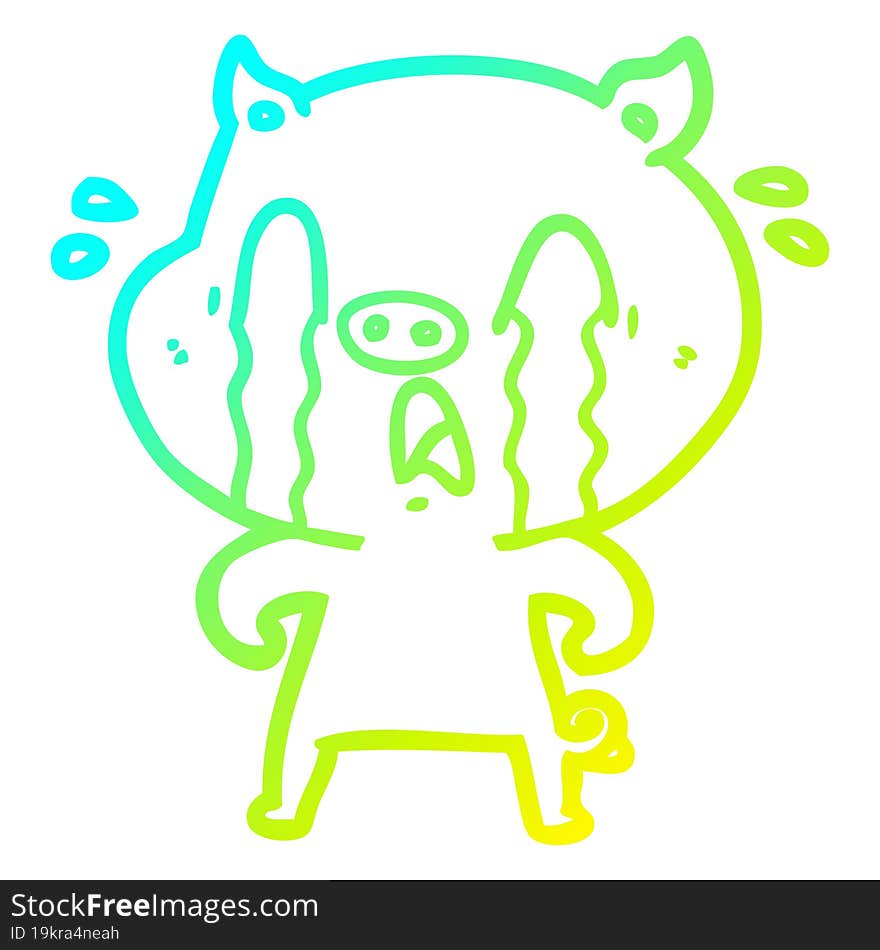 Cold Gradient Line Drawing Crying Pig Cartoon