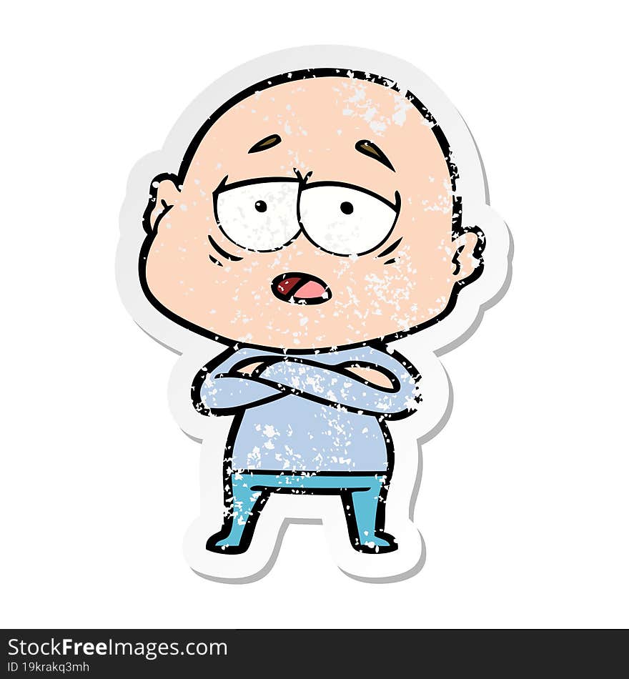 distressed sticker of a cartoon tired bald man