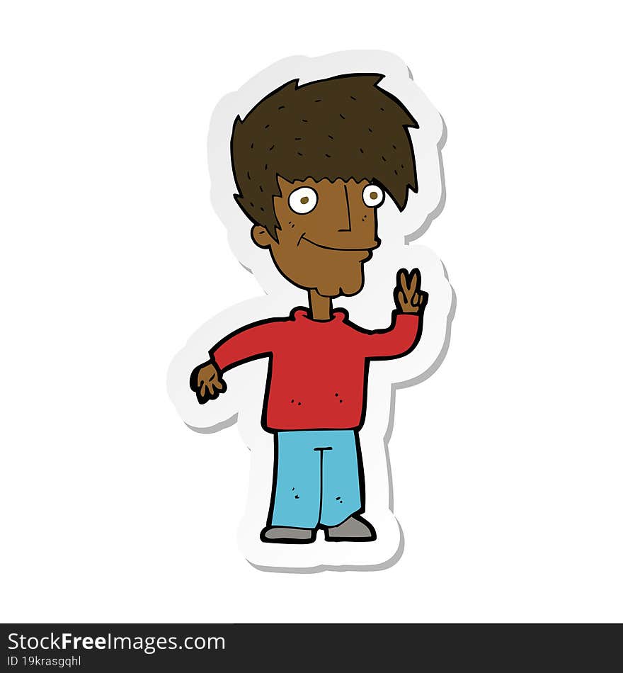 sticker of a cartoon man giving peace sign