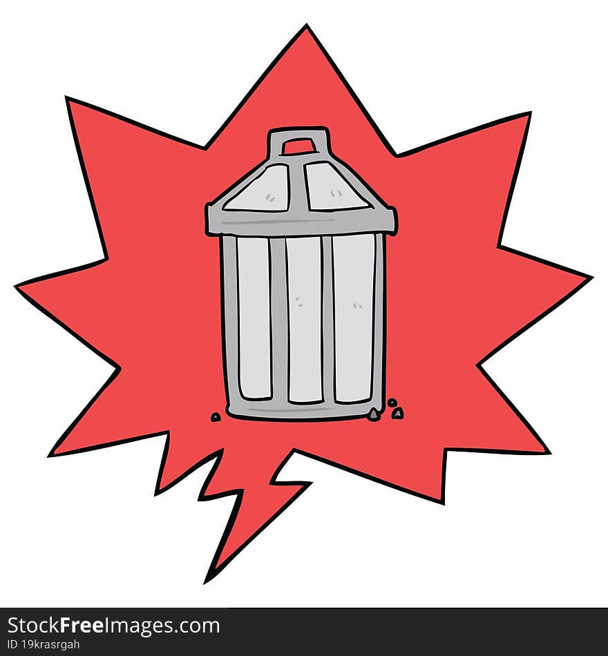 cartoon old metal garbage can and speech bubble