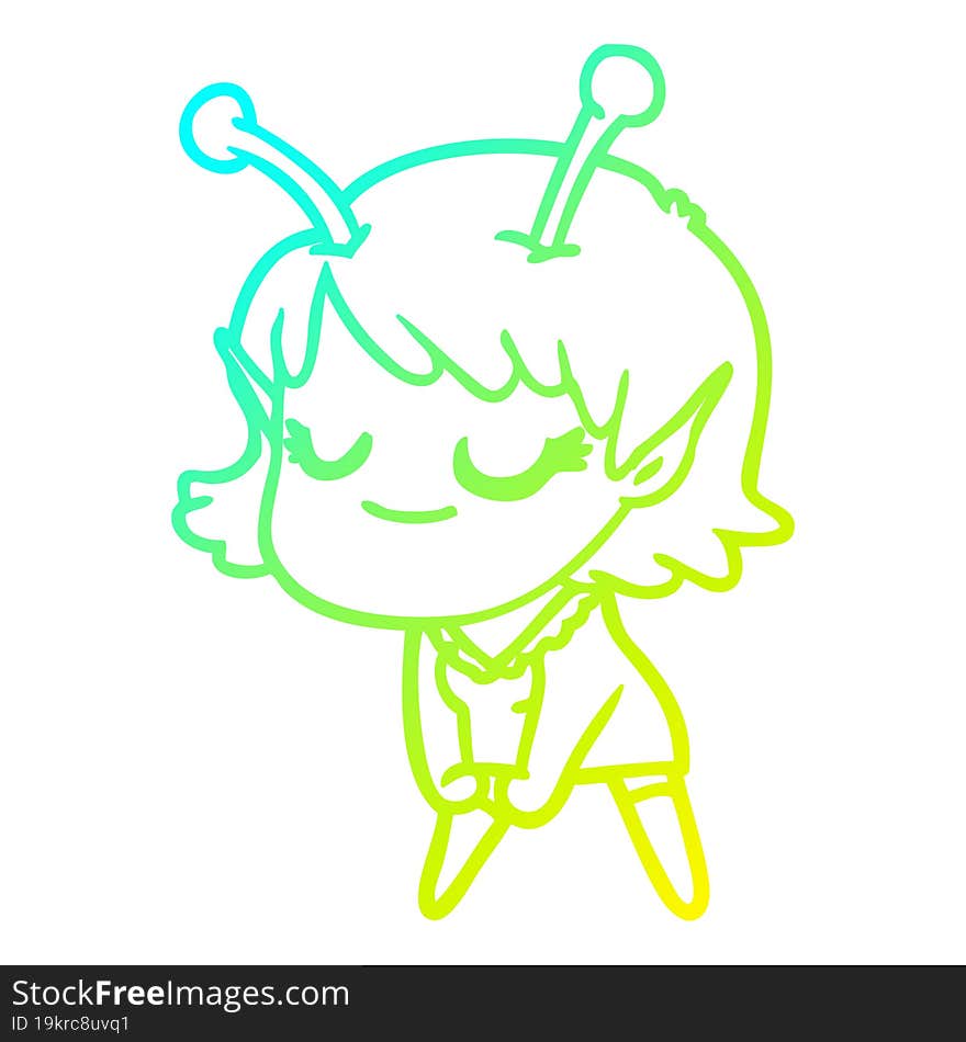 cold gradient line drawing smiling alien girl cartoon