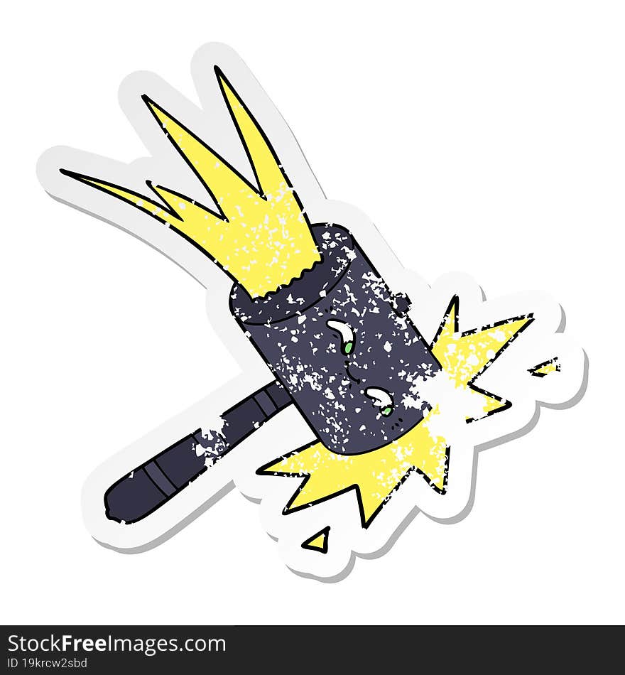 distressed sticker of a cartoon hammer banging