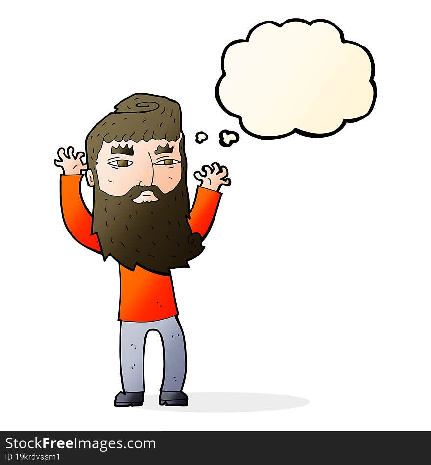 cartoon bearded man waving arms with thought bubble