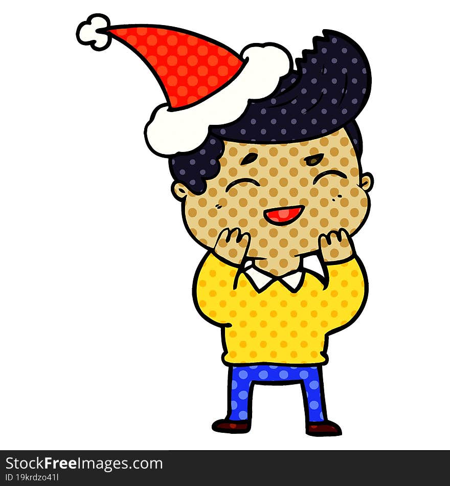 hand drawn comic book style illustration of a man laughing wearing santa hat