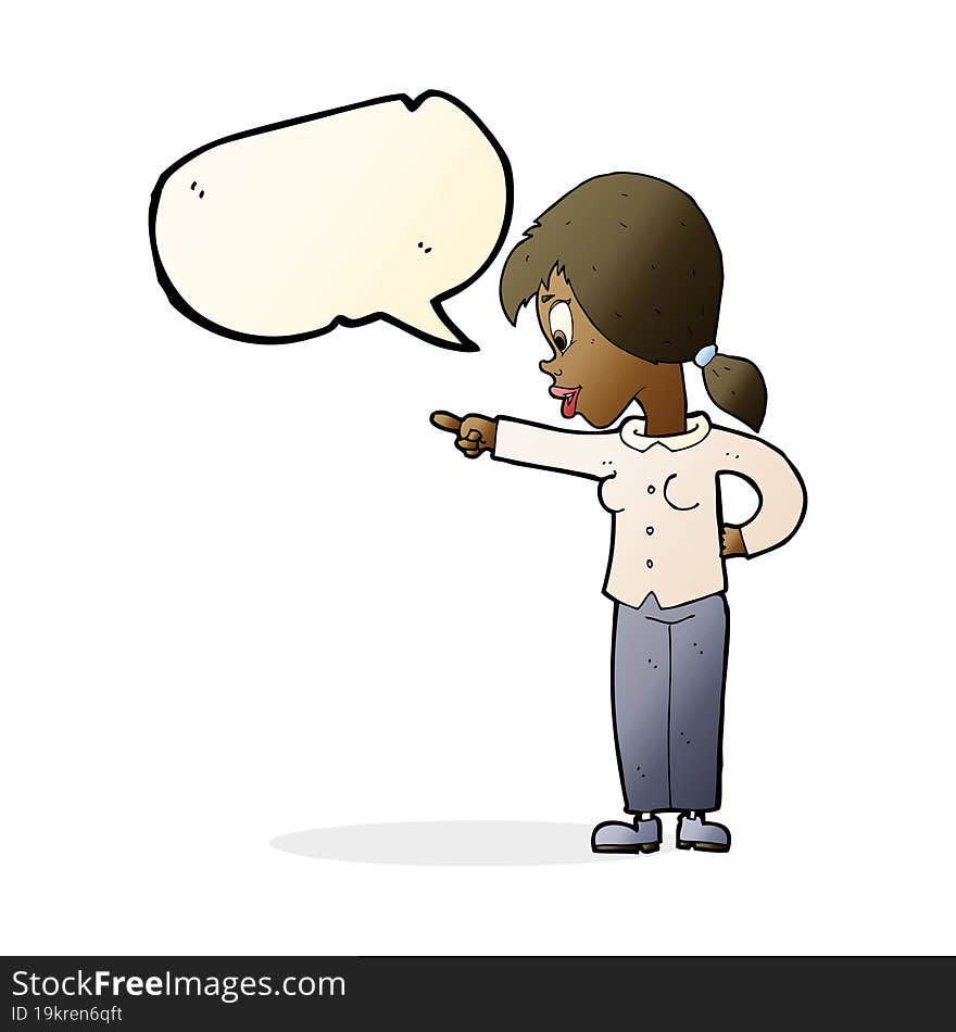 cartoon enthusiastic woman pointing with speech bubble