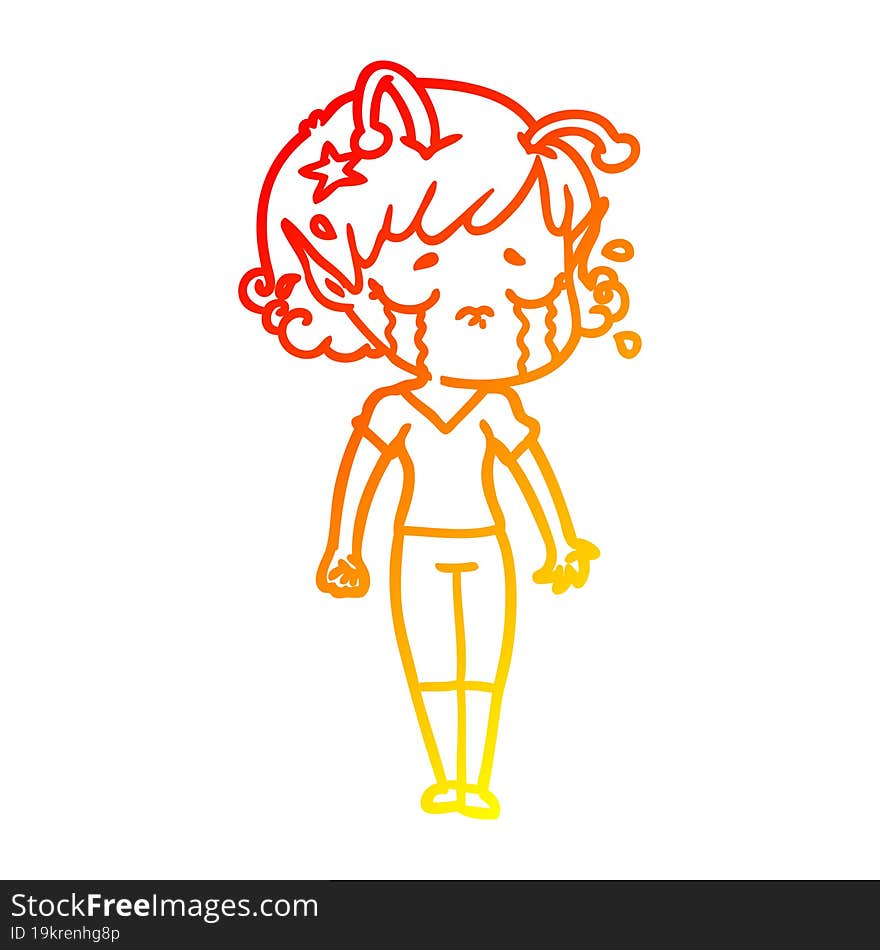 warm gradient line drawing of a cartoon crying alien girl