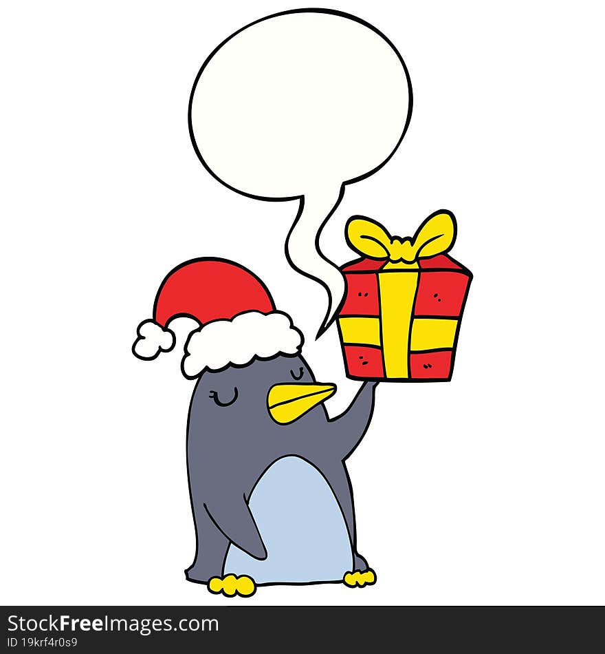 cartoon penguin and christmas present and speech bubble