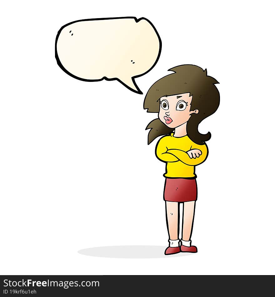 cartoon woman with folded arms with speech bubble