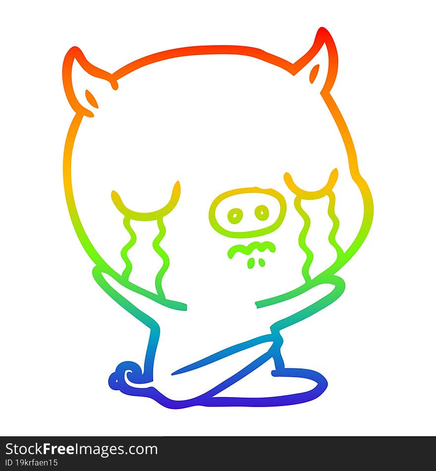 rainbow gradient line drawing of a cartoon sitting pig crying