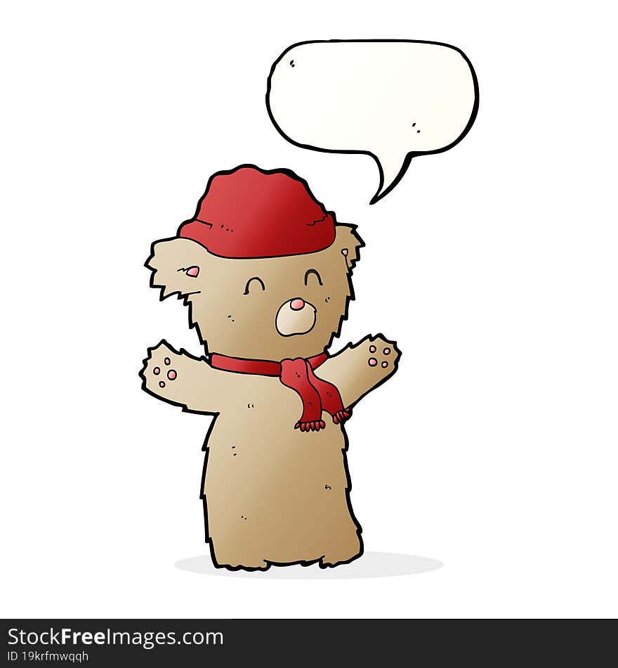 cartoon teddy bear in hat and scarf with speech bubble