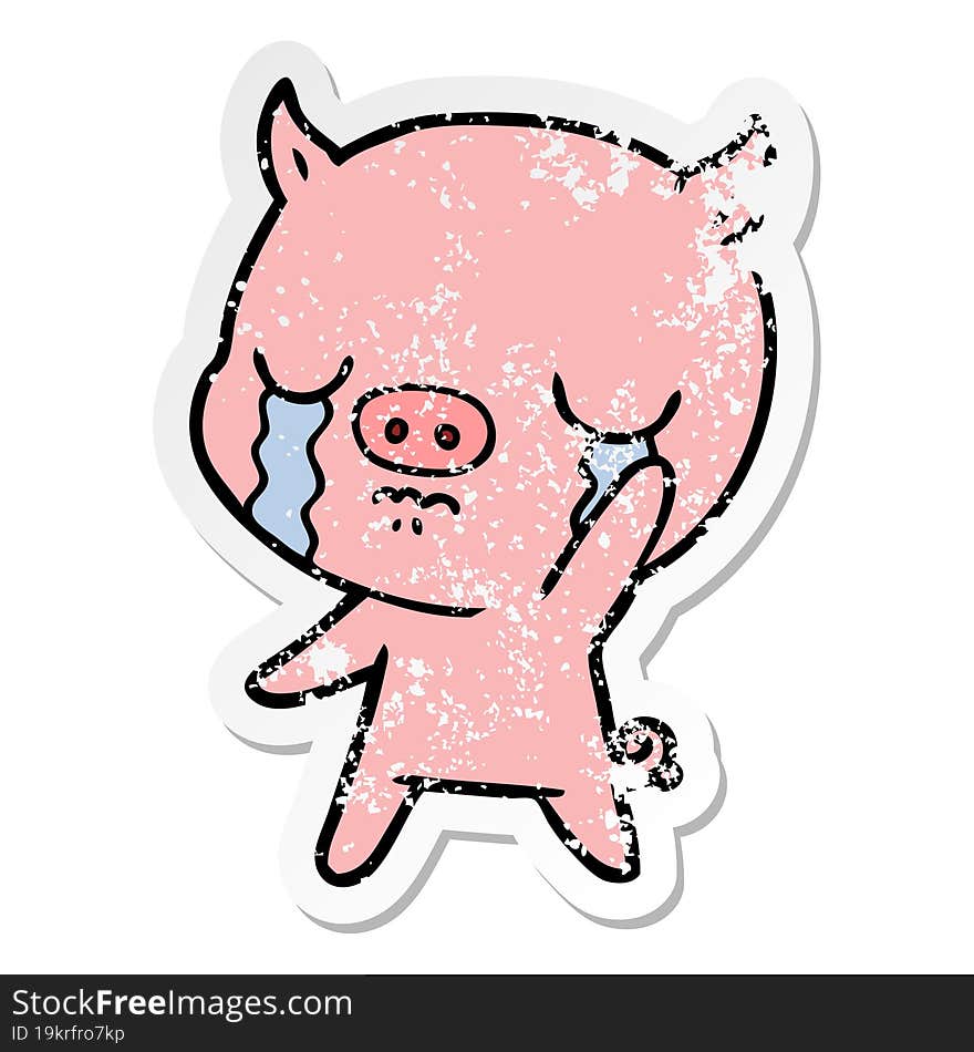 distressed sticker of a cartoon pig crying waving goodbye