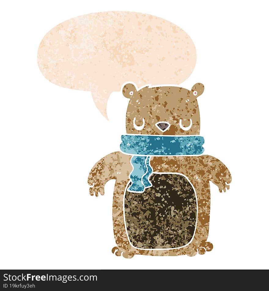 cartoon bear with scarf and speech bubble in retro textured style