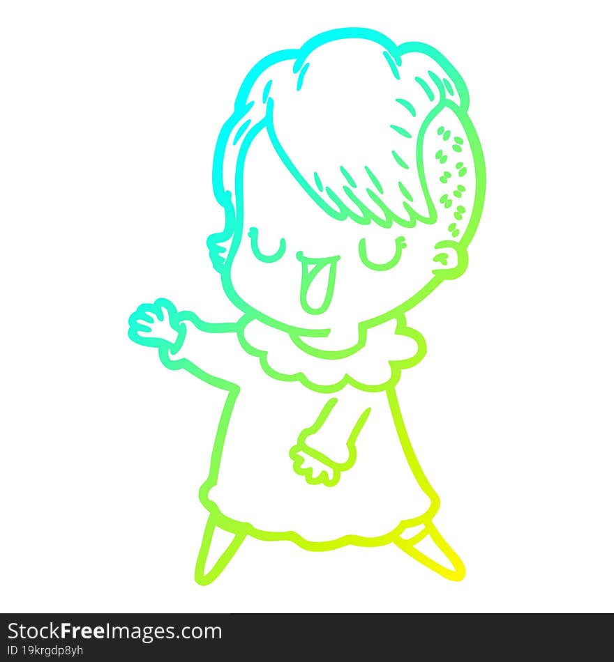 cold gradient line drawing of a cute cartoon girl with hipster haircut