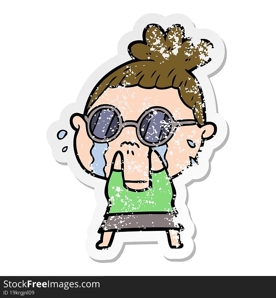 Distressed Sticker Of A Cartoon Crying Woman Wearing Sunglasses