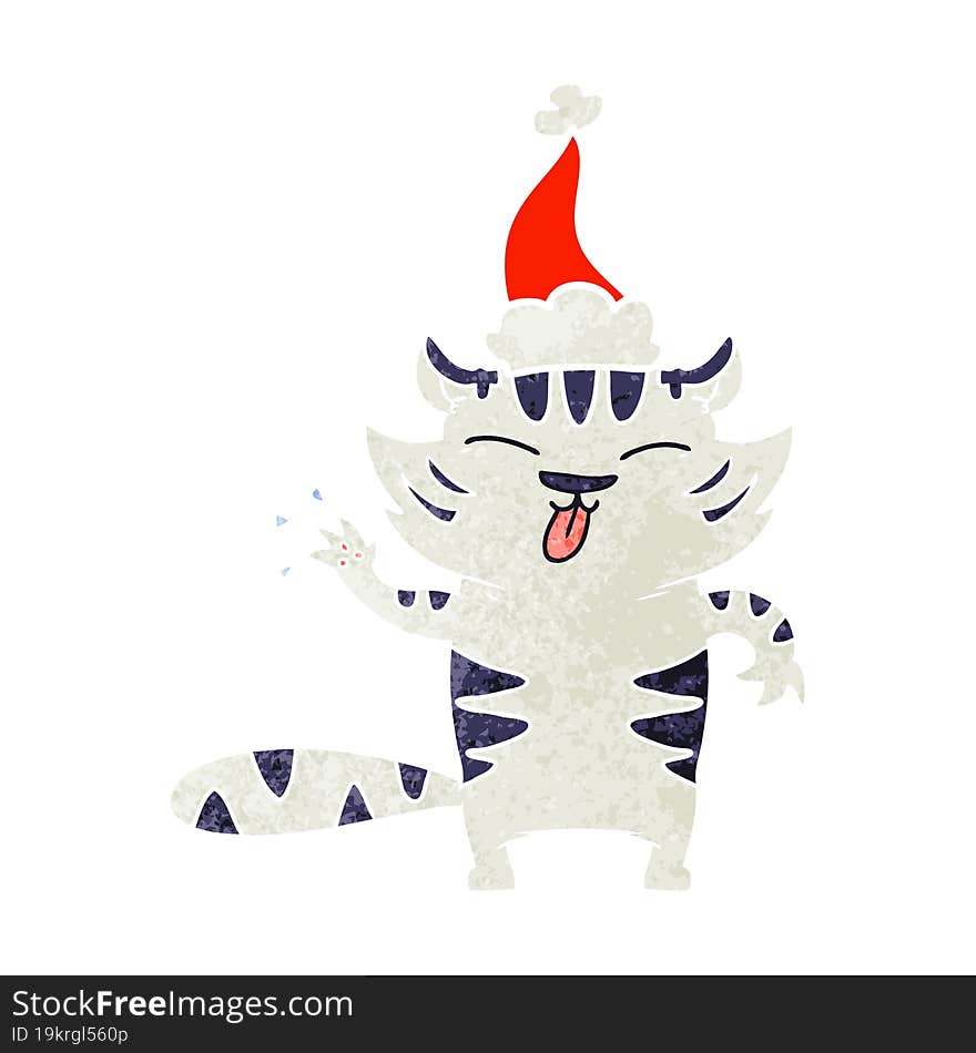 retro cartoon of a white tiger wearing santa hat