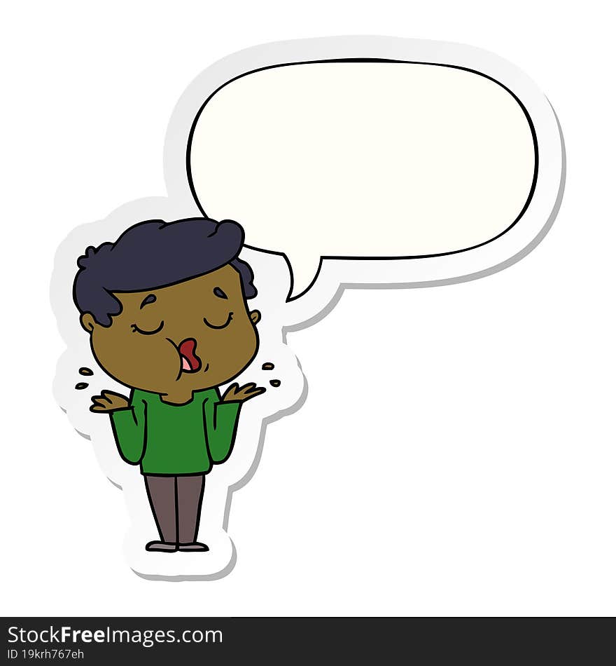 cartoon man talking and shrugging shoulders and speech bubble sticker