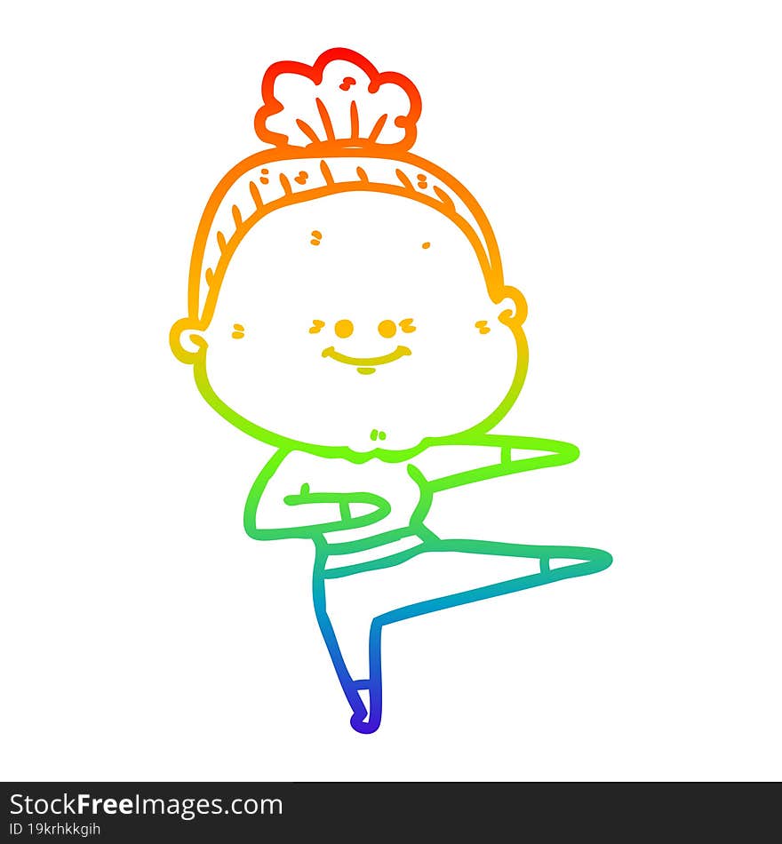 rainbow gradient line drawing of a cartoon happy old woman