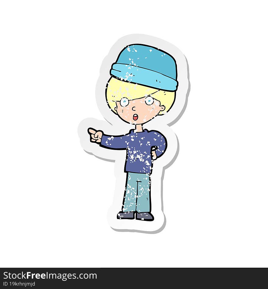 retro distressed sticker of a cartoon pointing man